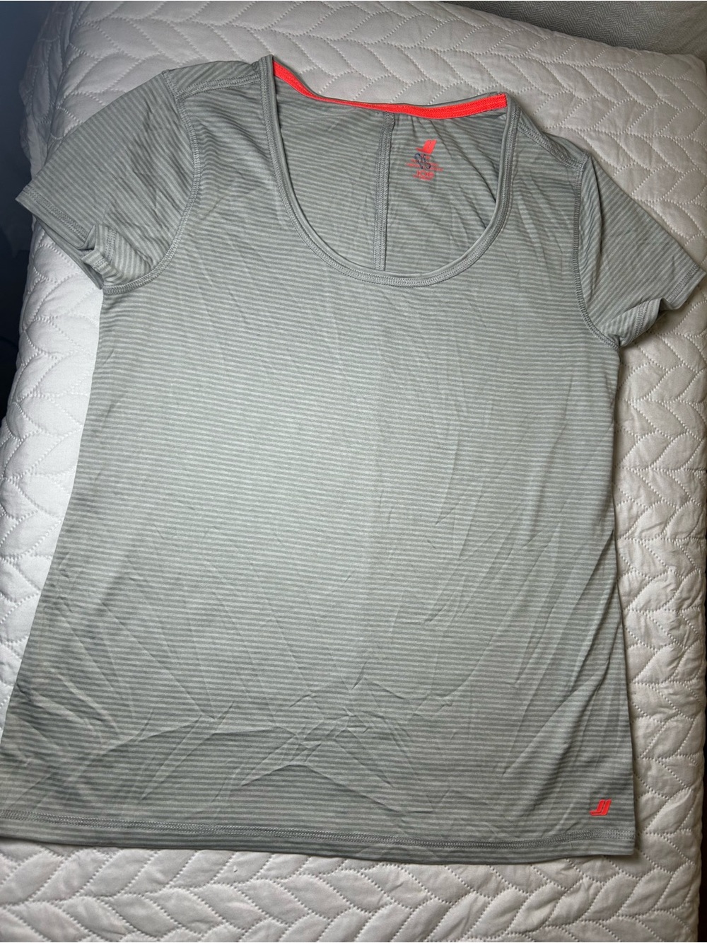 Joe Fresh Light Gray Striped Scoop Neck Tee with Coral Trim - Size M